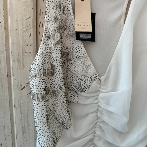 Ted Baker White One-Shoulder Ruched Cocktail Dress with Beaded Sequin NWT - Picture 3 of 5